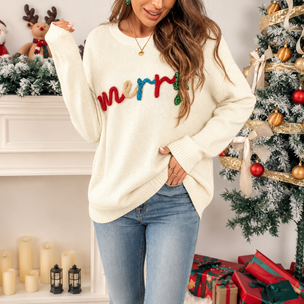 Christmas Letter Pattern Long Sleeves Pullover Sweater For Women