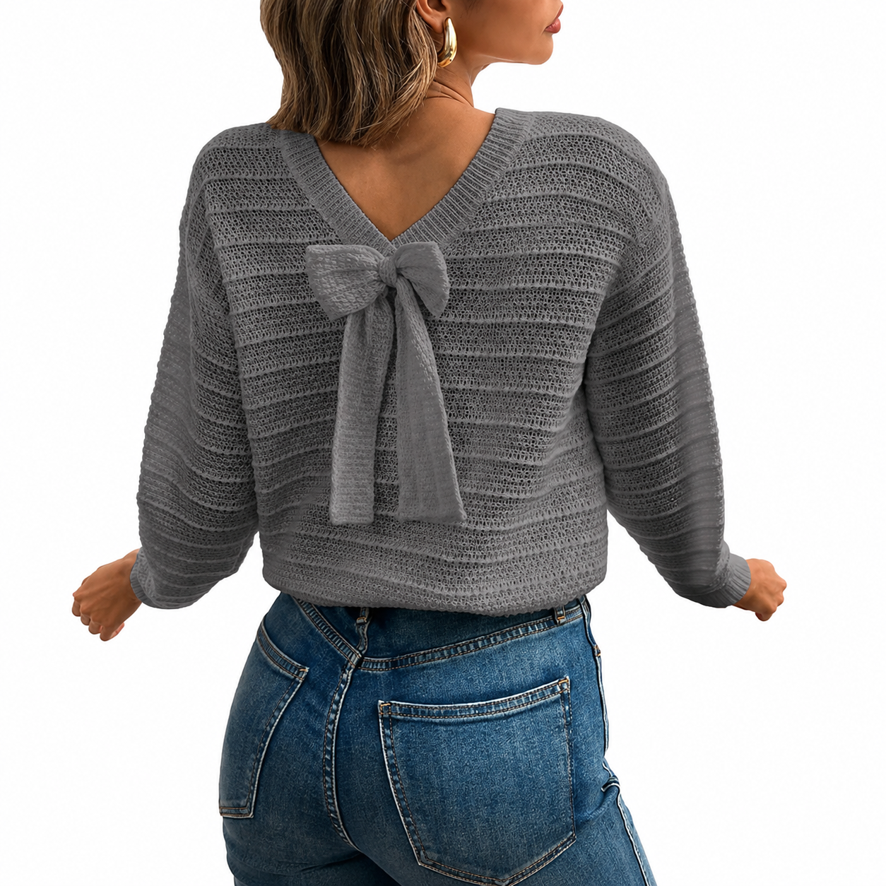 Back Bow Detail Knit Pullover Sweater with Classic Casual Styling for Women