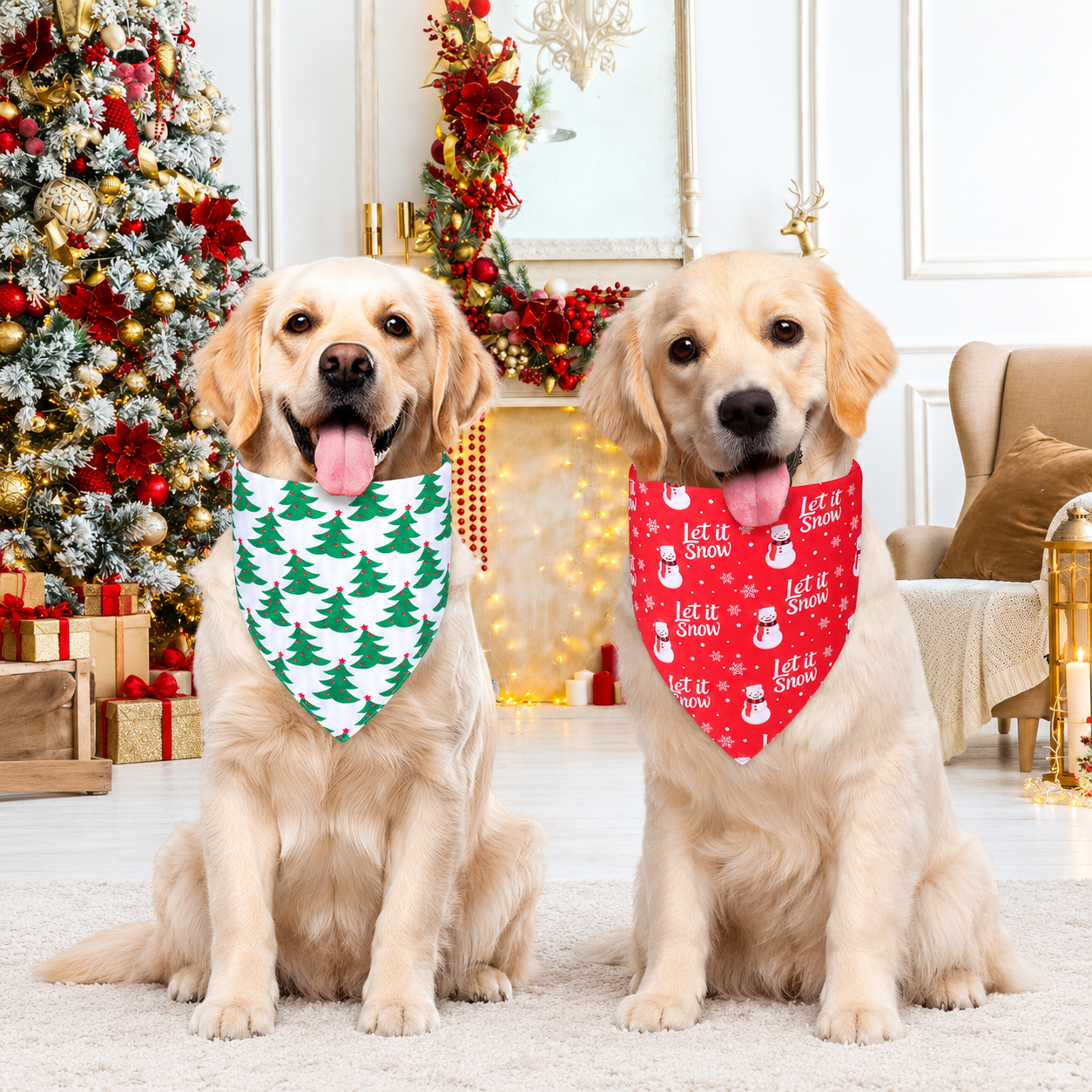 2 Piece Christmas Dog Bandanas with Holiday Stripe Patterns