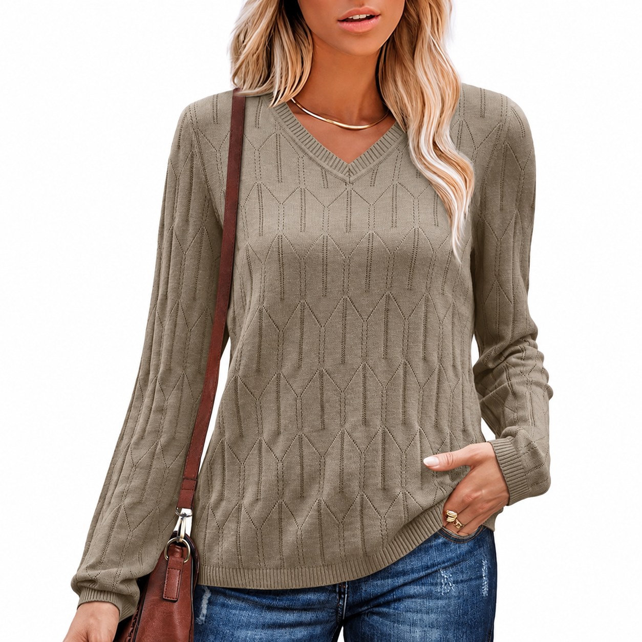 Geometric Textured Knit Long Sleeve Pullover Sweater Top for Women