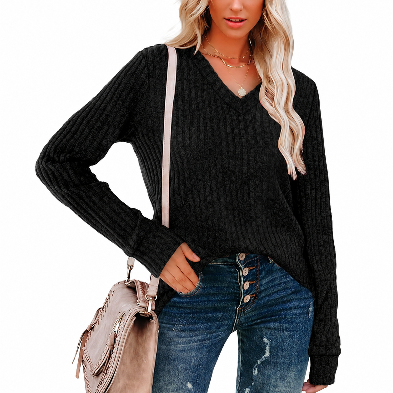 Loose Fit Casual Long Sleeve Pullover Sweater Top for Women