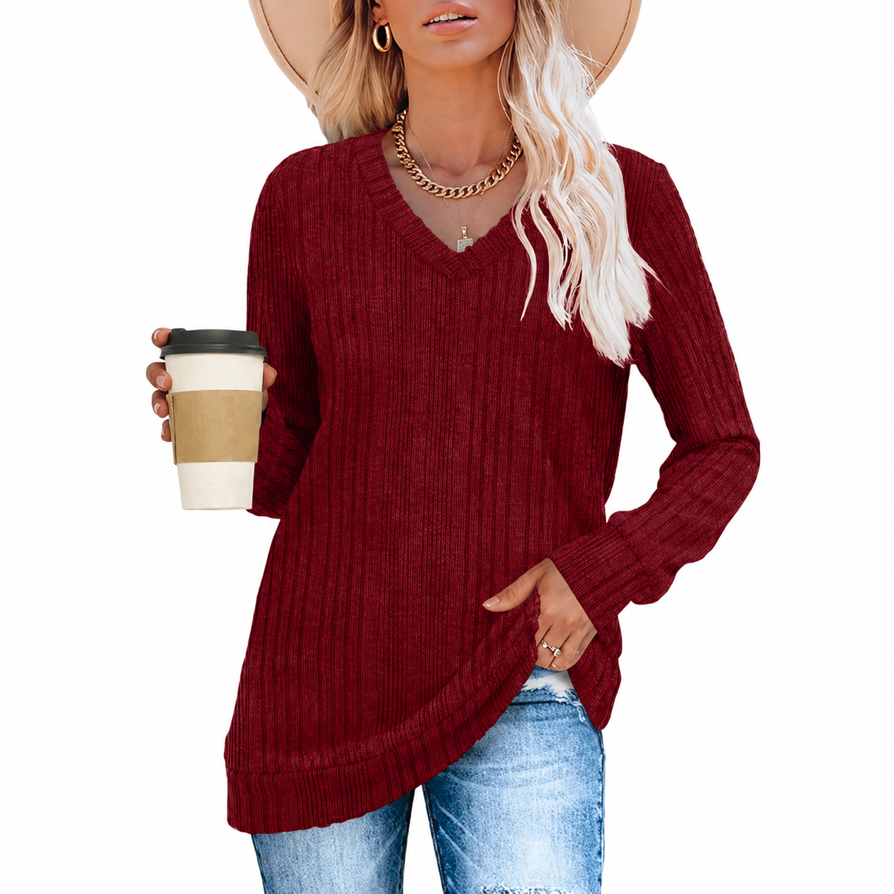 Loose Fit Casual Long Sleeve Pullover Sweater Top for Women