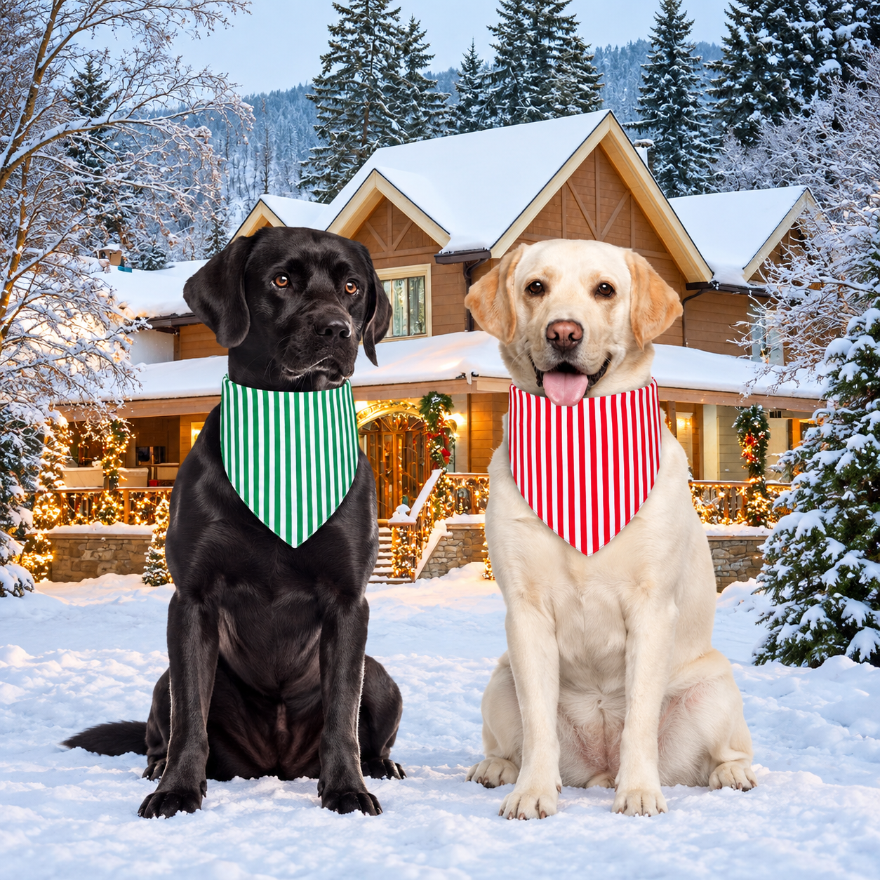 2 Piece Christmas Dog Bandanas with Holiday Stripe Patterns