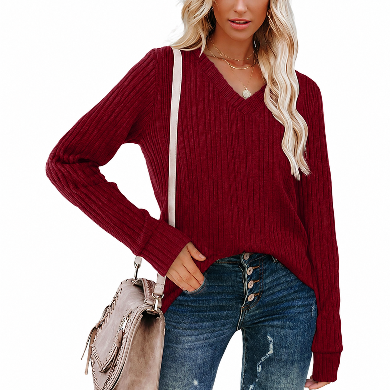 Loose Fit Casual Long Sleeve Pullover Sweater Top for Women