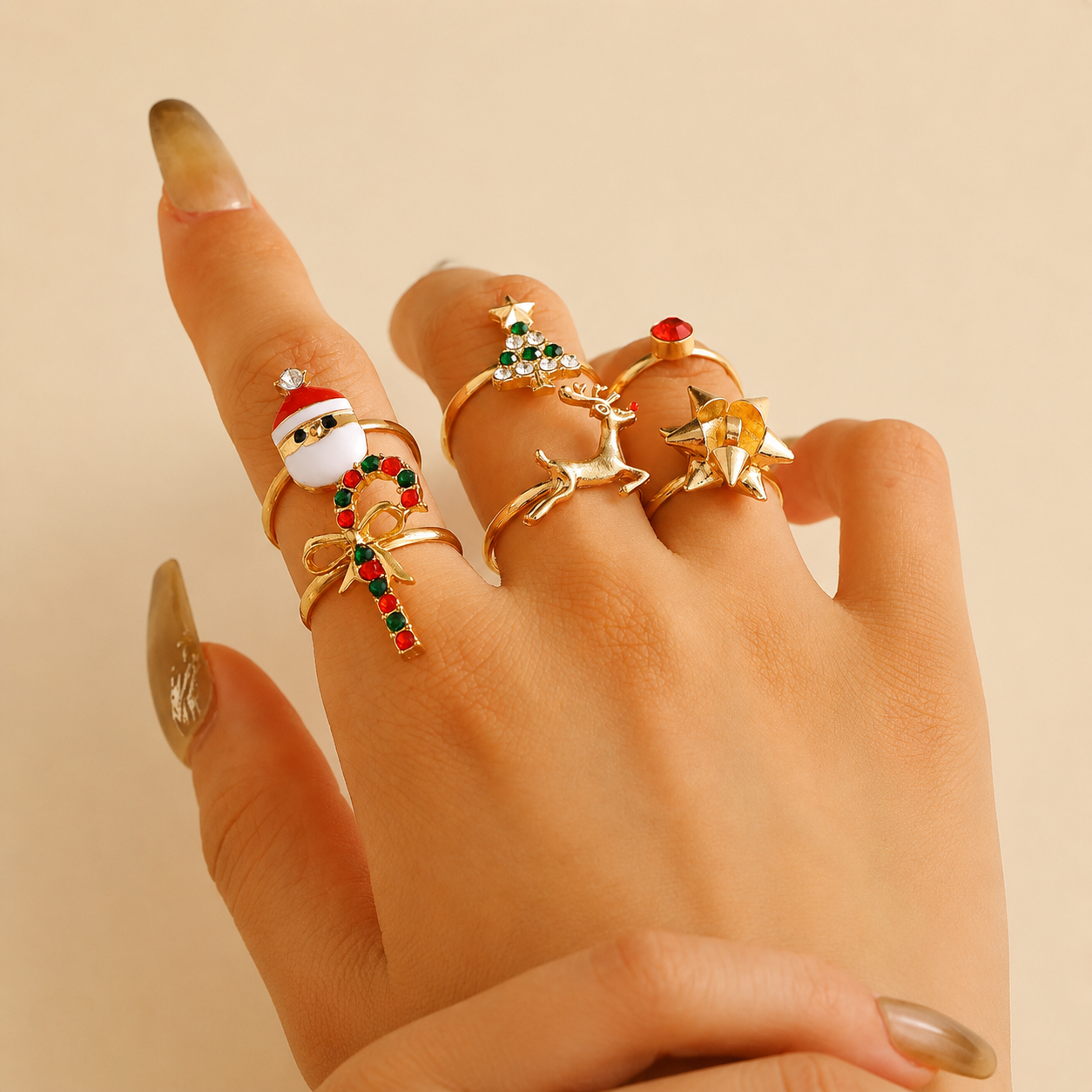 6 Pieces Tree Bow And Candy Cane Rings Set  
