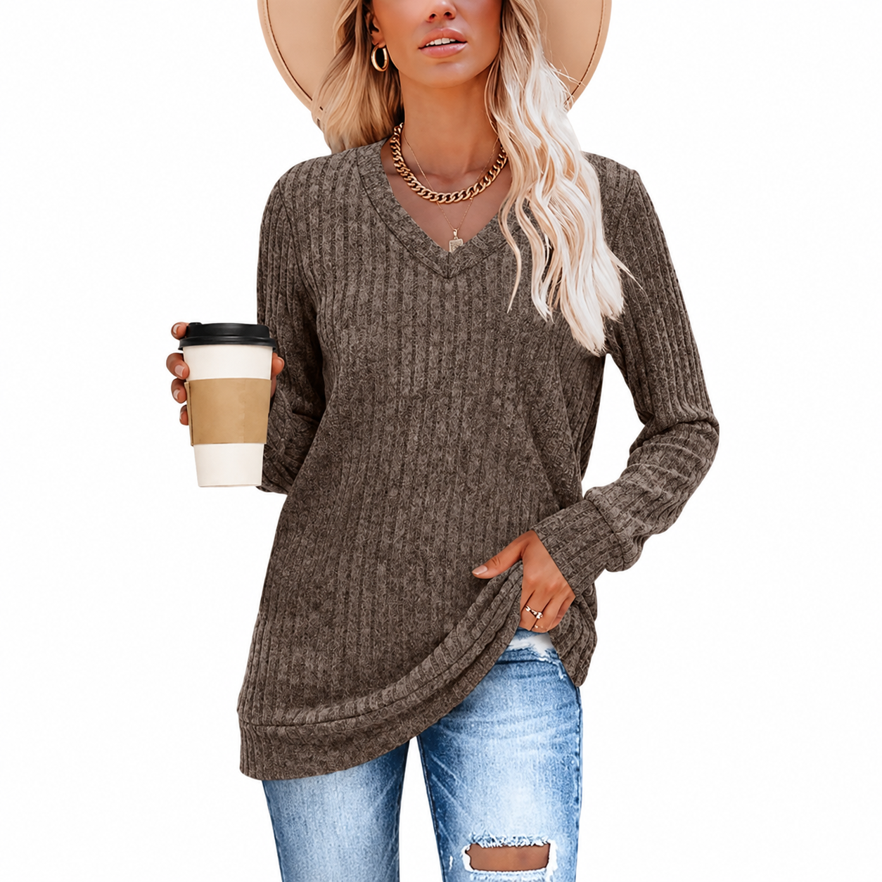 Loose Fit Casual Long Sleeve Pullover Sweater Top for Women