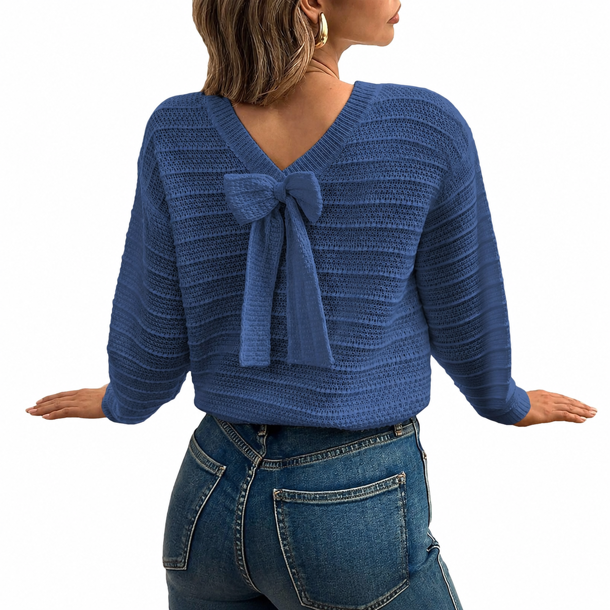 Back Bow Detail Knit Pullover Sweater with Classic Casual Styling for Women