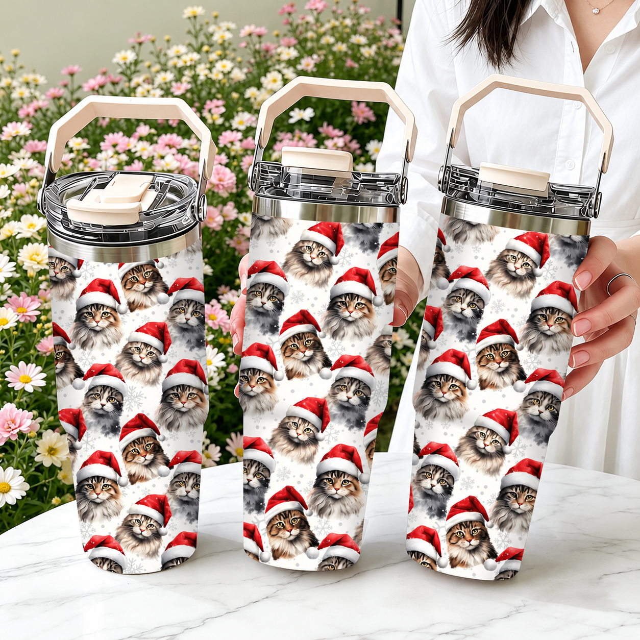 30oz Printed Christmas Tumbler With Foldable Handle With Flip Lid