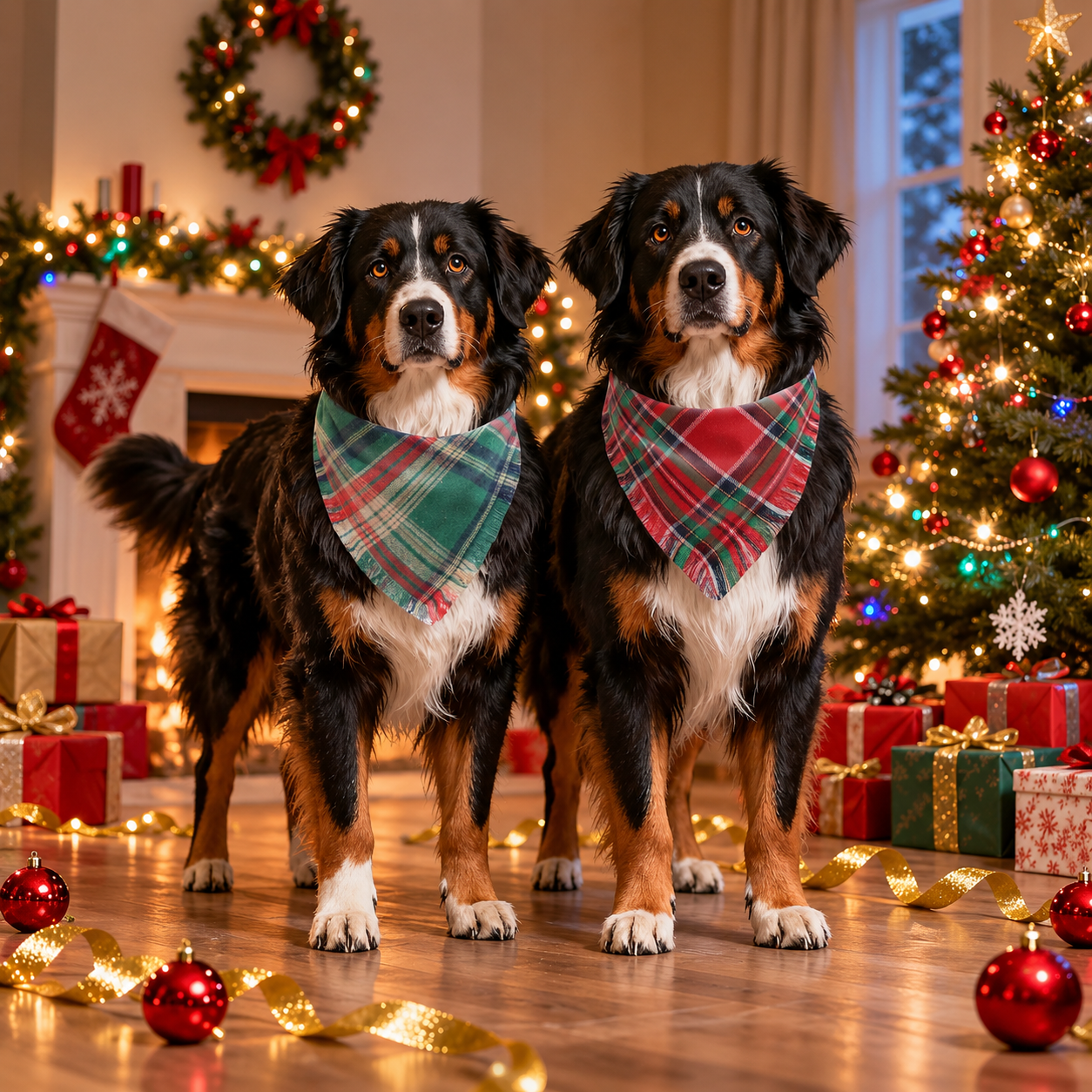 2 Piece Christmas Plaid Dog Bandanas with Tassels