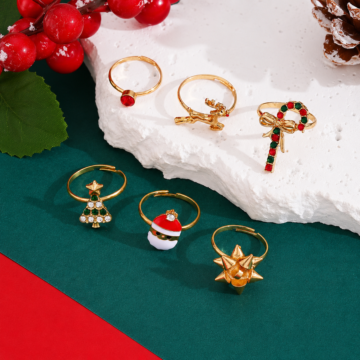 6 Pieces Tree Bow And Candy Cane Rings Set  