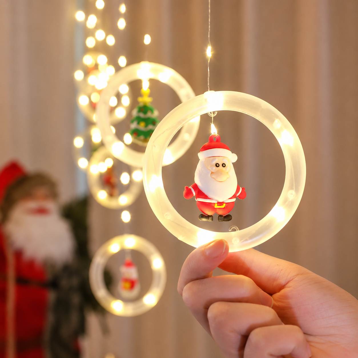 Christmas Window Curtain String Lights With Ornaments