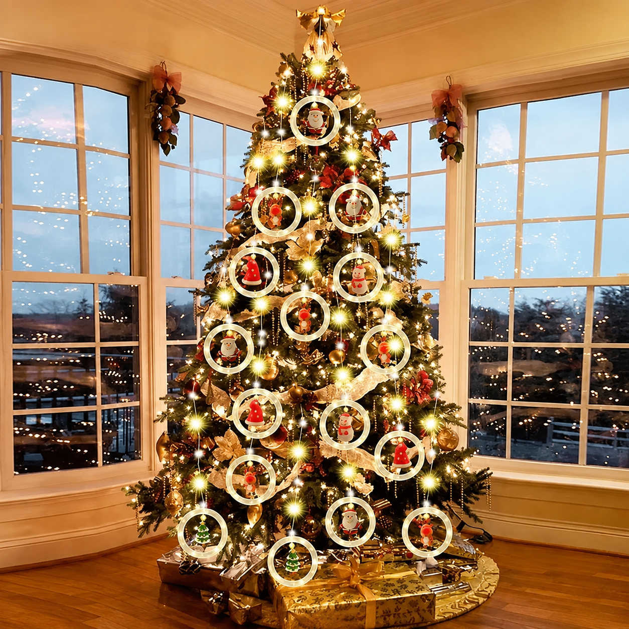 Christmas Window Curtain String Lights With Ornaments