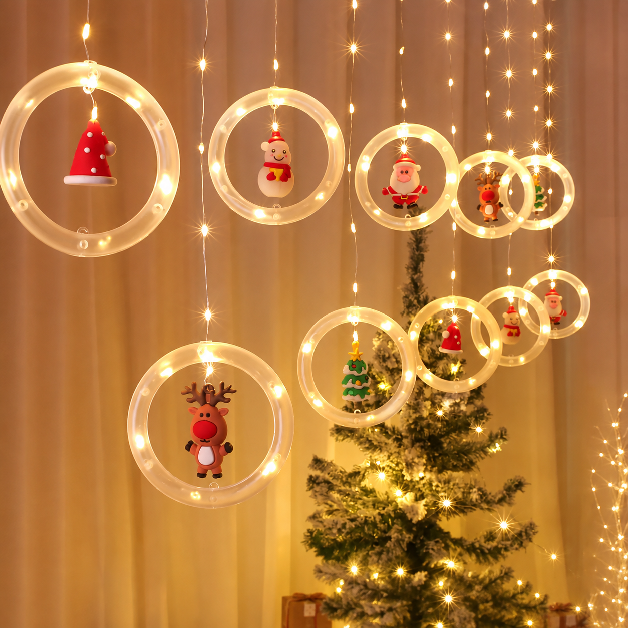 Christmas Window Curtain String Lights With Ornaments