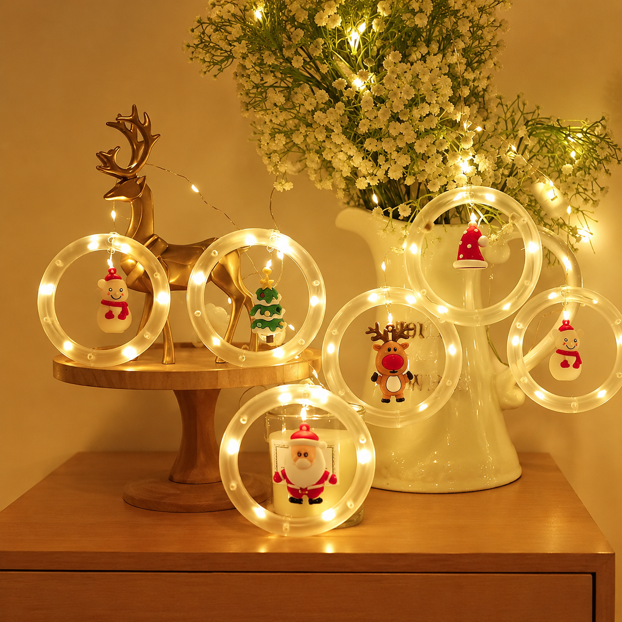 Christmas Window Curtain String Lights With Ornaments