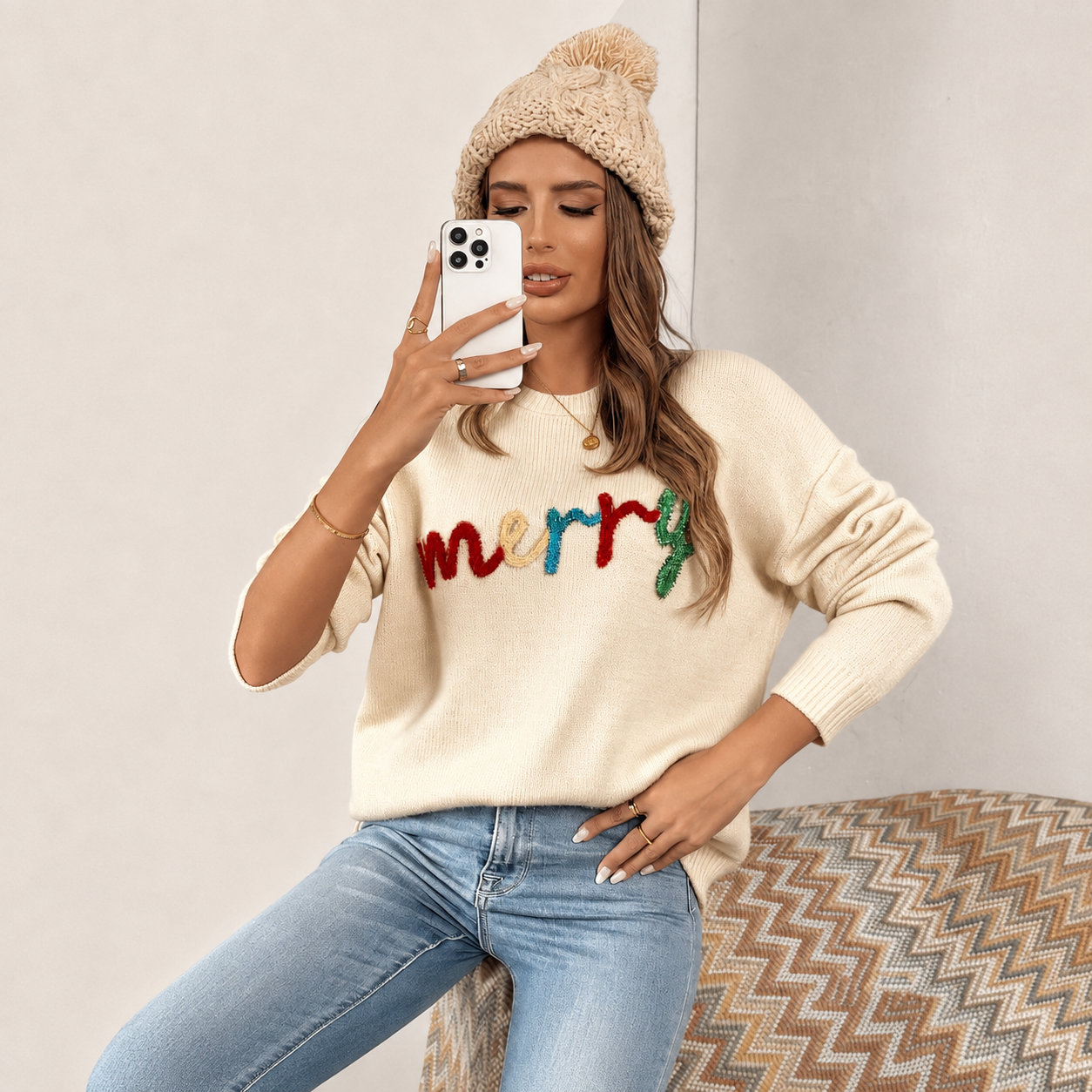 Christmas Letter Pattern Long Sleeves Pullover Sweater For Women