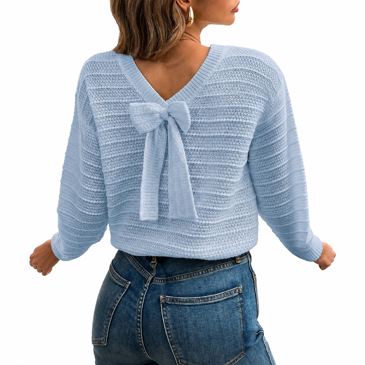 Back Bow Detail Knit Pullover Sweater with Classic Casual Styling for Women