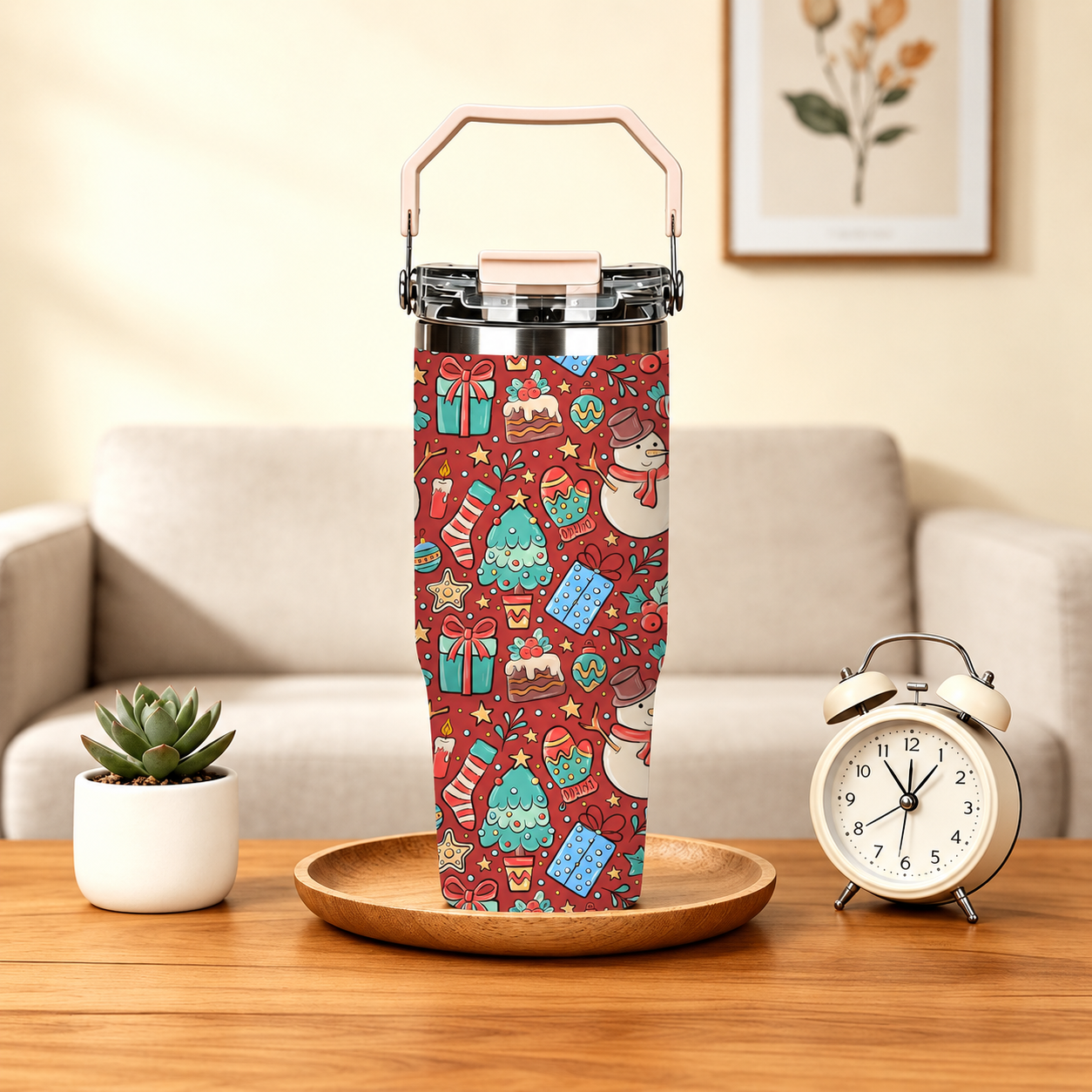 30oz Printed Christmas Tumbler With Foldable Handle With Flip Lid