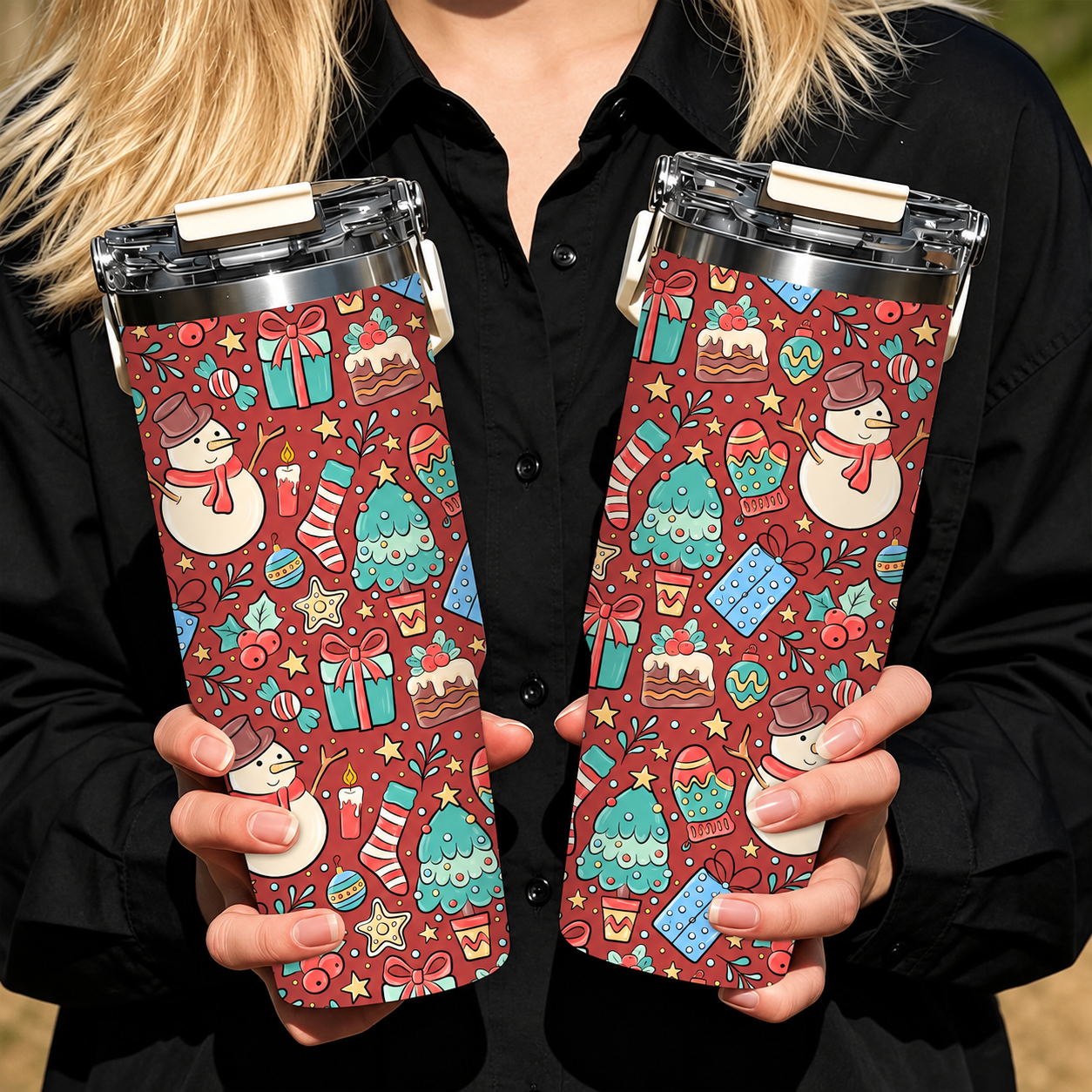 30oz Printed Christmas Tumbler With Foldable Handle With Flip Lid