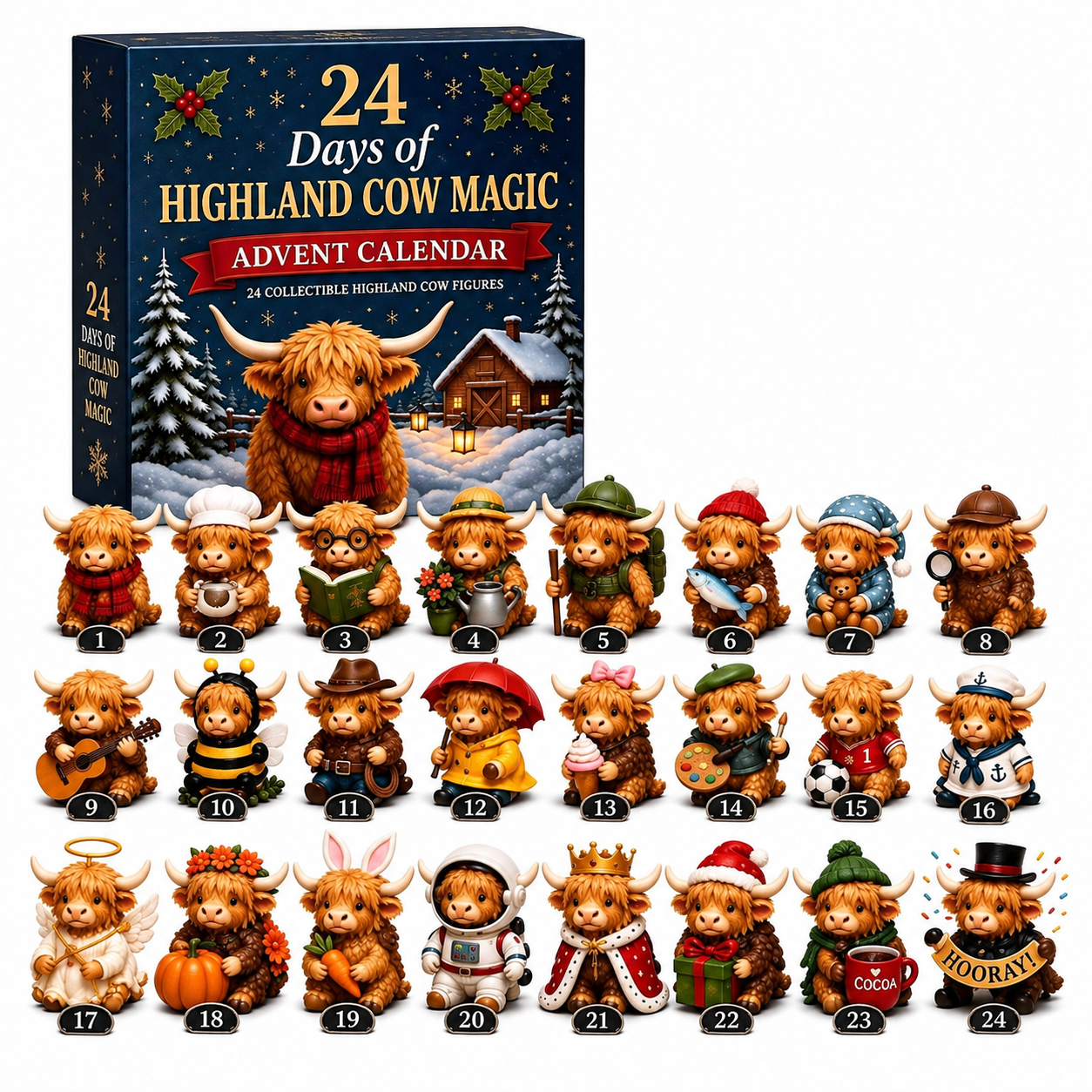 Highland Cow 24 Day Christmas Countdown Advent Calendar Figurine Set For Kids