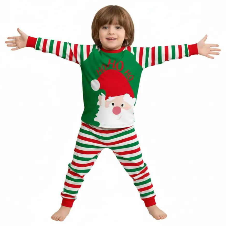 Flame Retardant Santa Striped Christmas Pajamas Set For Boys And Girls