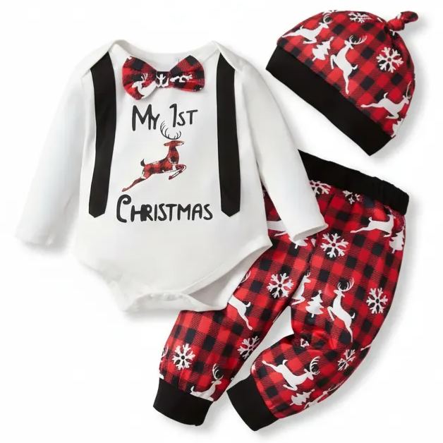  Christmas Reindeer Letter Print Long Sleeve Bowtie Gentleman Jumpsuit And Plaid Print Reindeer Round Neck Hat Three Piece Set