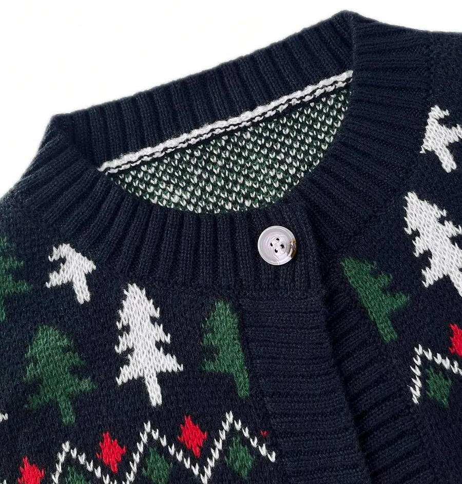 Women's Christmas Ugly Sweater Long-Sleeve Crew Neck Cardigan Top - Youthful & Vibrant, Cute, Perfect For Christmas Street - Navy Blue - View 7