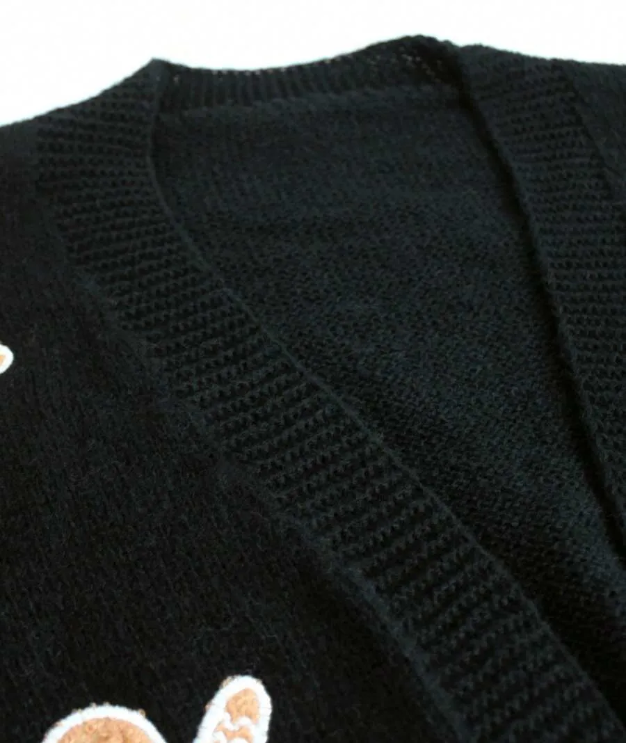 Women's Gingerbread Man Pattern Drop - Shoulder V - Neck Cropped Knit Cardigan Sweater For Winter  Fall - Black - View 5