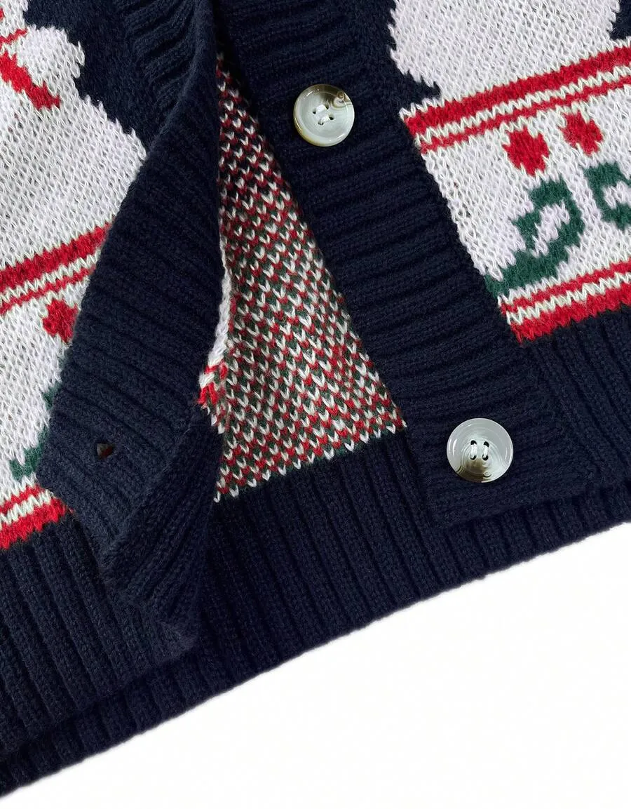Women's Christmas Ugly Sweater Long-Sleeve Crew Neck Cardigan Top - Youthful & Vibrant, Cute, Perfect For Christmas Street - Navy Blue - View 8