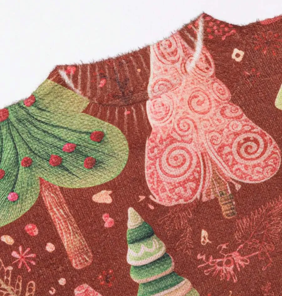 EMERY ROSE Plus Size Women's 3D Printed Christmas Tree Sweater - Red And Green Pine Tree Crew Neck Casual Pullover Knit Top - Burgundy - View 3