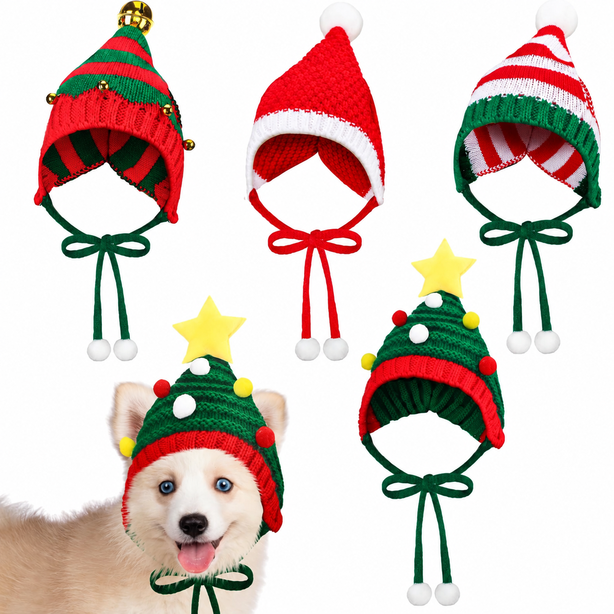 Pack of 4 Christmas Knitted Santa Hats for Dogs and Cats