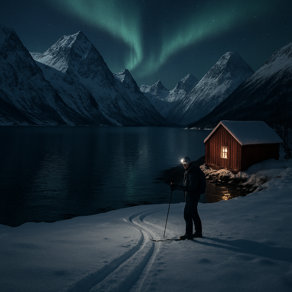 Norwegian Lyngen Alps Winter Fjord Shore With Aurora And Ski Tracks paint by diamond