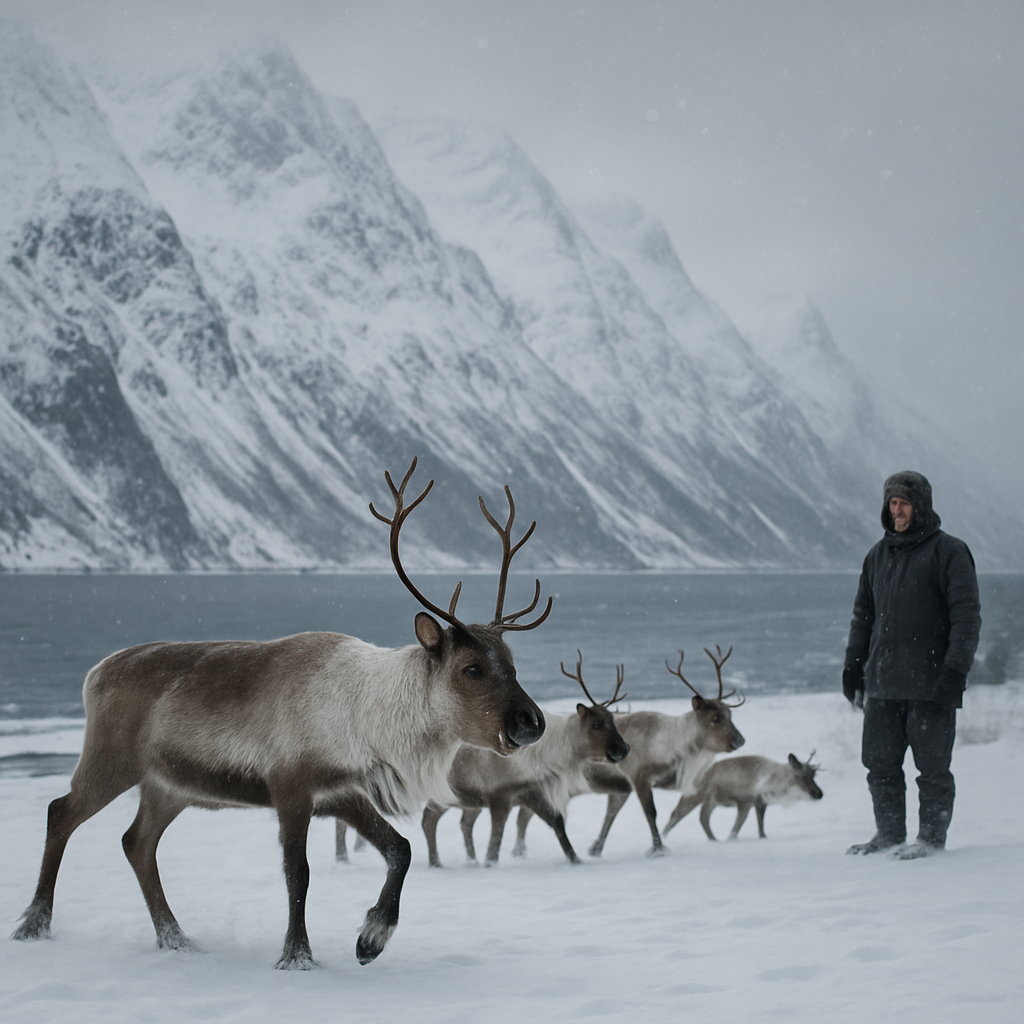 Winter Reindeer Crossing On The Lyngen Alps Fjord Edge paint by color
