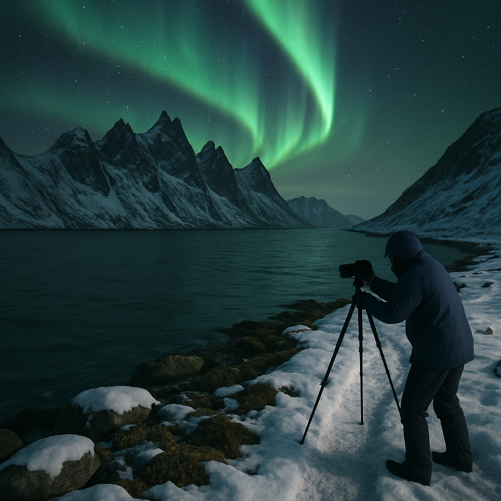 Winter Aurora Above Senja Peaks And Fjord Shoreline Painting by diamonds kit
