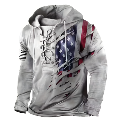 Men Retro Flag Lace Up Hoodie For Streetwear