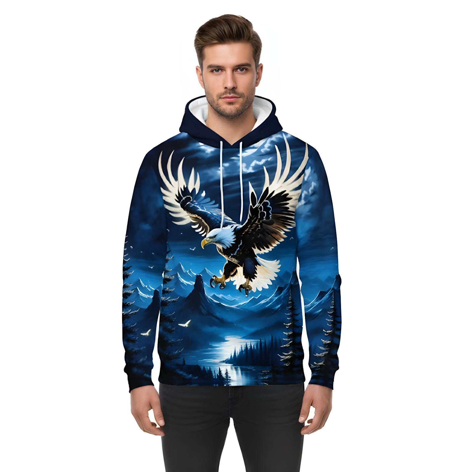 Eagle Printed Hoodie With Drawstring And Pockets For Men