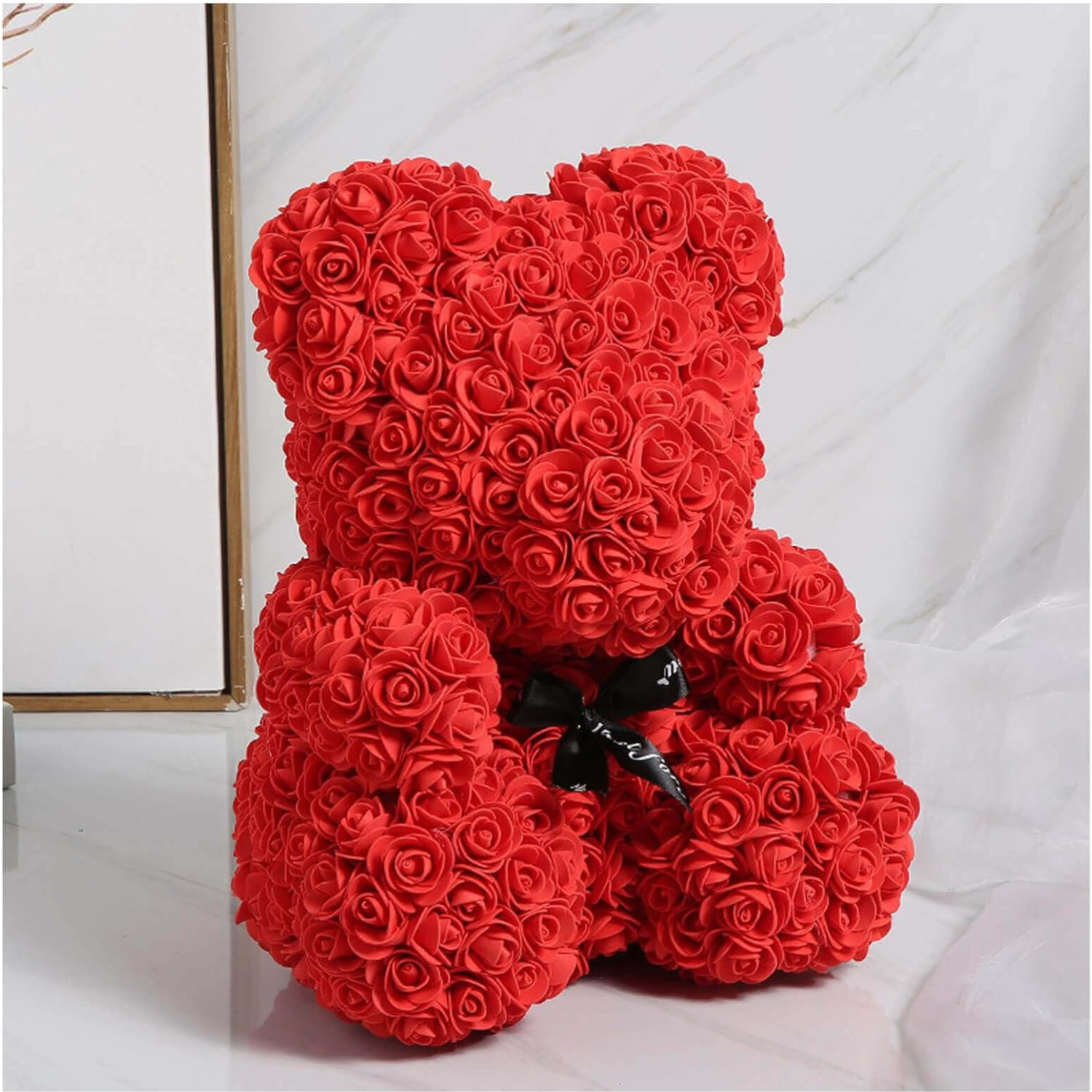 Handmade Rose Teddy Bear With Black Bow Accent-Flower Teddy Bear