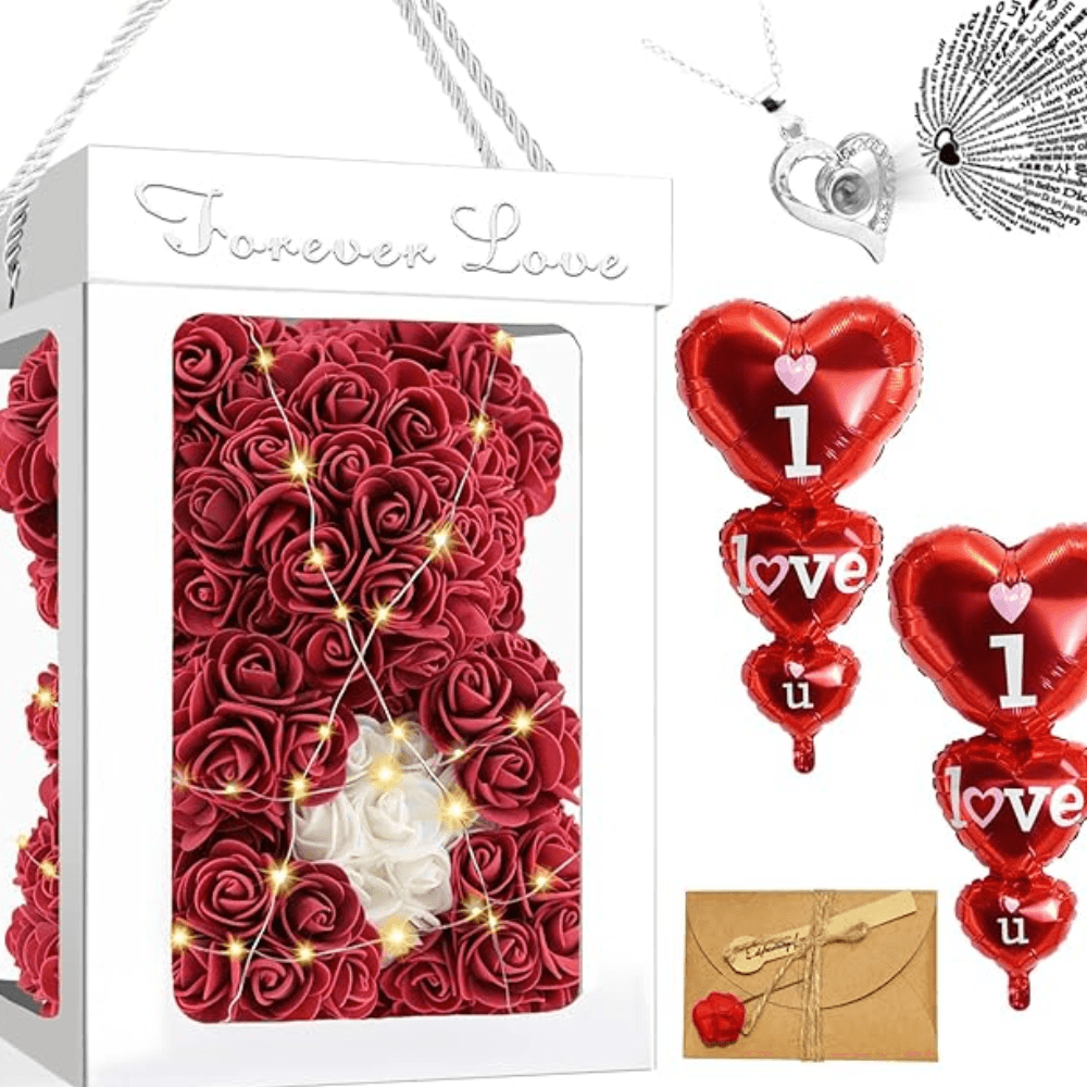 Rose Bear Gift - Handcraft Necklace Balloons And Card-Flower Teddy Bear