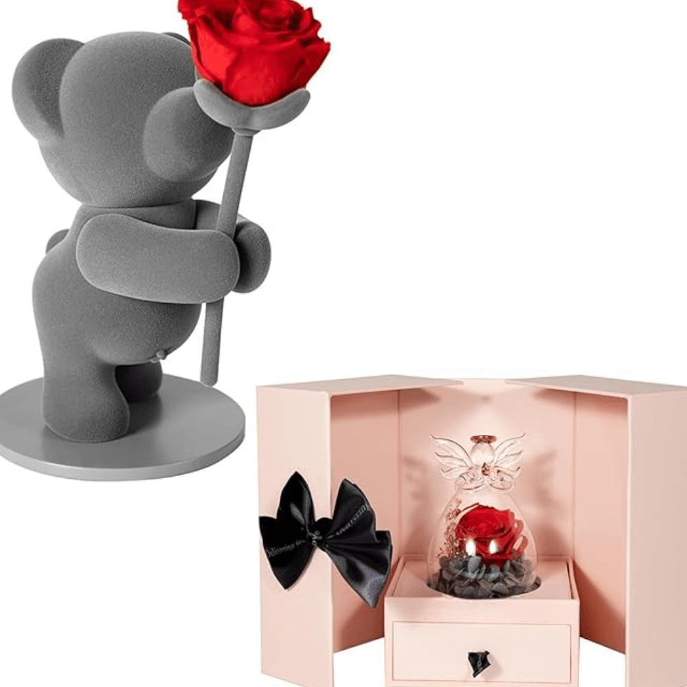 Preserved Rose Bear - With Hidden Jewelry Box Gift Set-Flower Teddy Bear