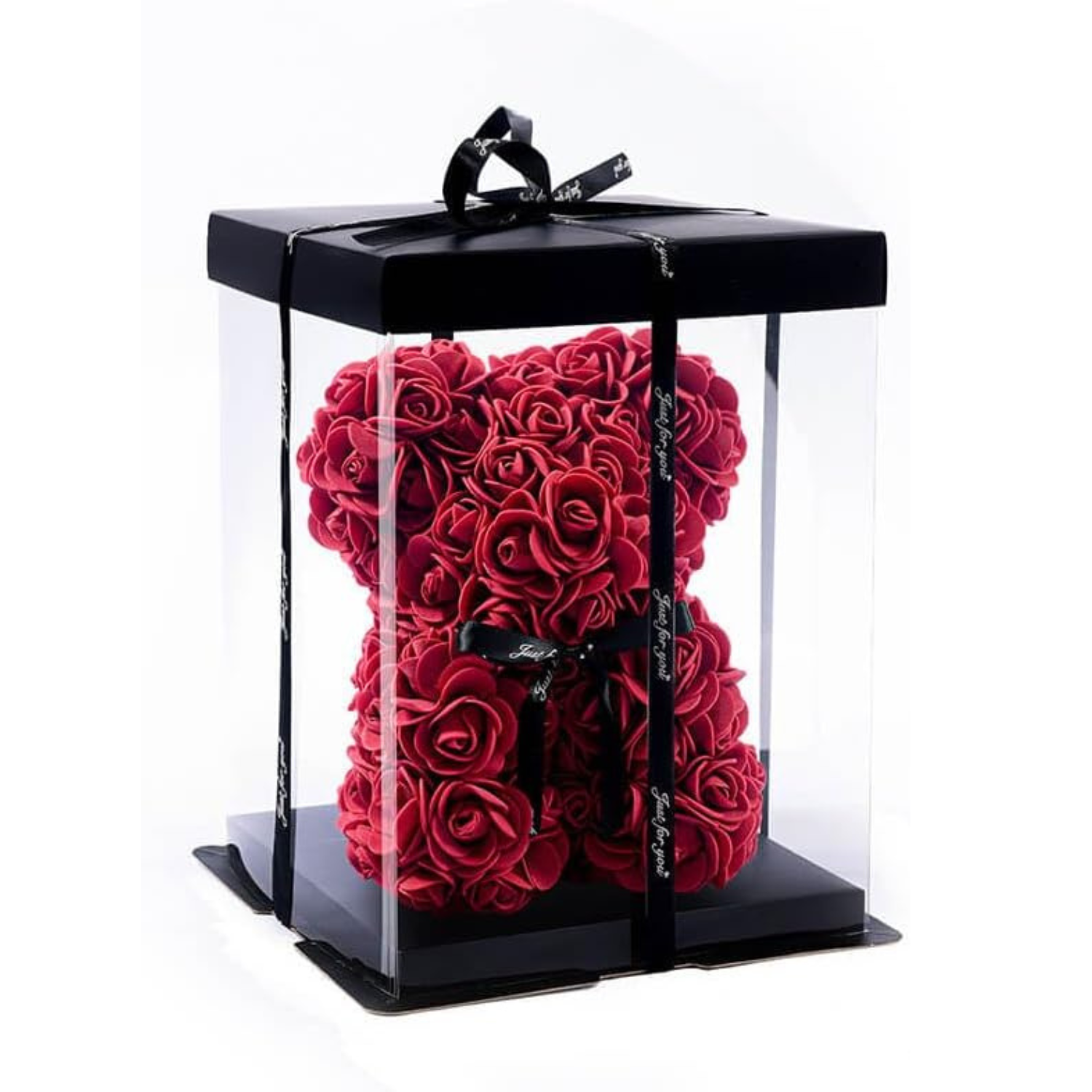 Handmade Rose Teddy Bear With Black Bow Accent-Flower Teddy Bear