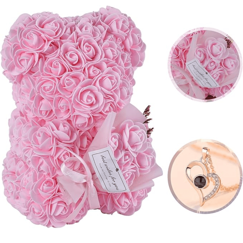Rose Teddy Bear -  With Decorative Box And Message Necklace-Flower Teddy Bear