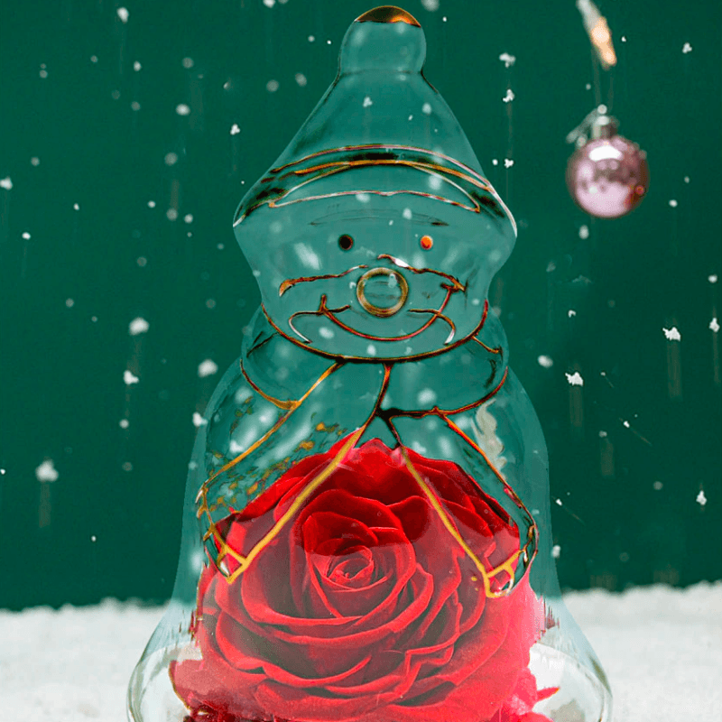 Preserved Rose Snowman Dome – Winter-Themed Floral Gift-Flower Teddy Bear