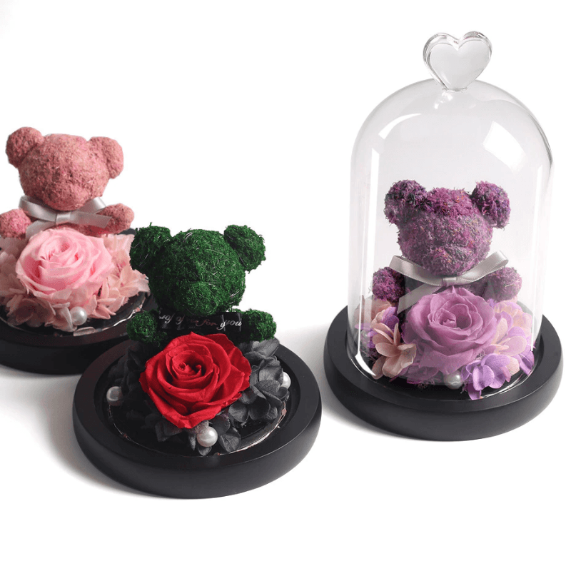 Preserved Rose Bear - LED Glass Dome  And Eternal Love in Bloom-Flower Teddy Bear