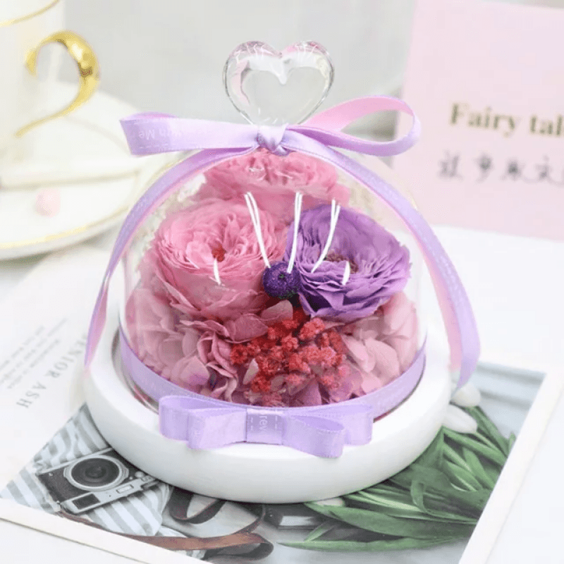 Mini Preserved Rose Bouquet Dome-Flower Teddy Bear