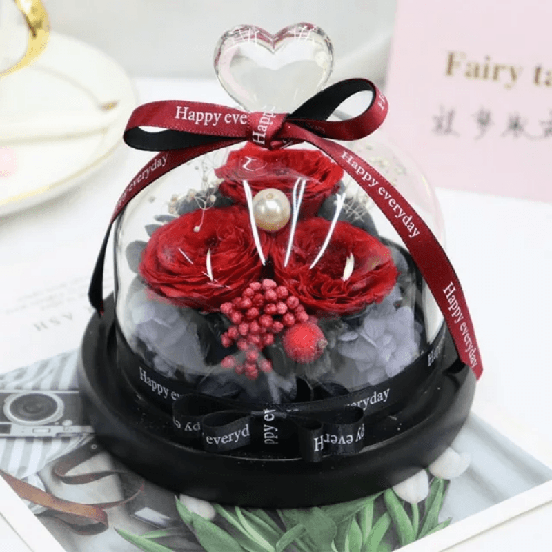 Mini Preserved Rose Bouquet Dome-Flower Teddy Bear