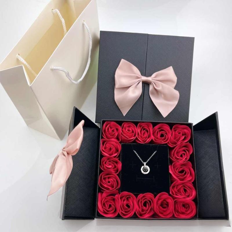16 Roses Jewelry Box – Romantic Pendant Necklace Gift - Flower Teddy Bear
