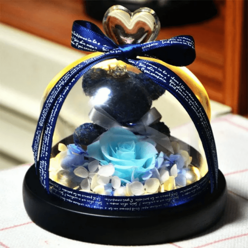Mini Preserved Rose Bear In A Glass Dome-Flower Teddy Bear