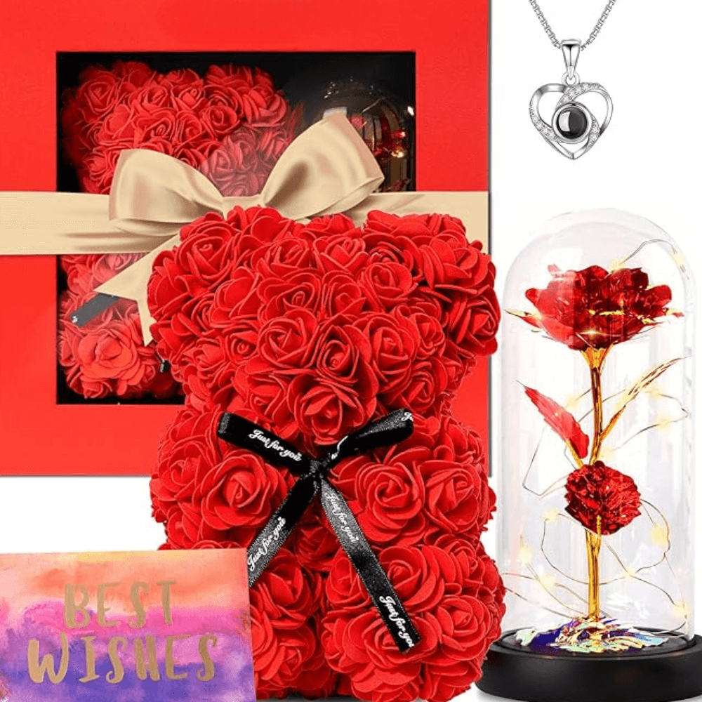 Faux Rose Teddy Bear - Timeless Gift For Every Occasion-Flower Teddy Bear