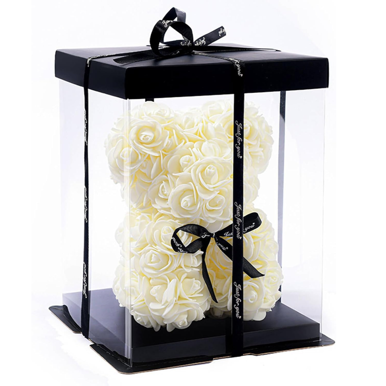 Handmade Rose Teddy Bear With Black Bow Accent-Flower Teddy Bear