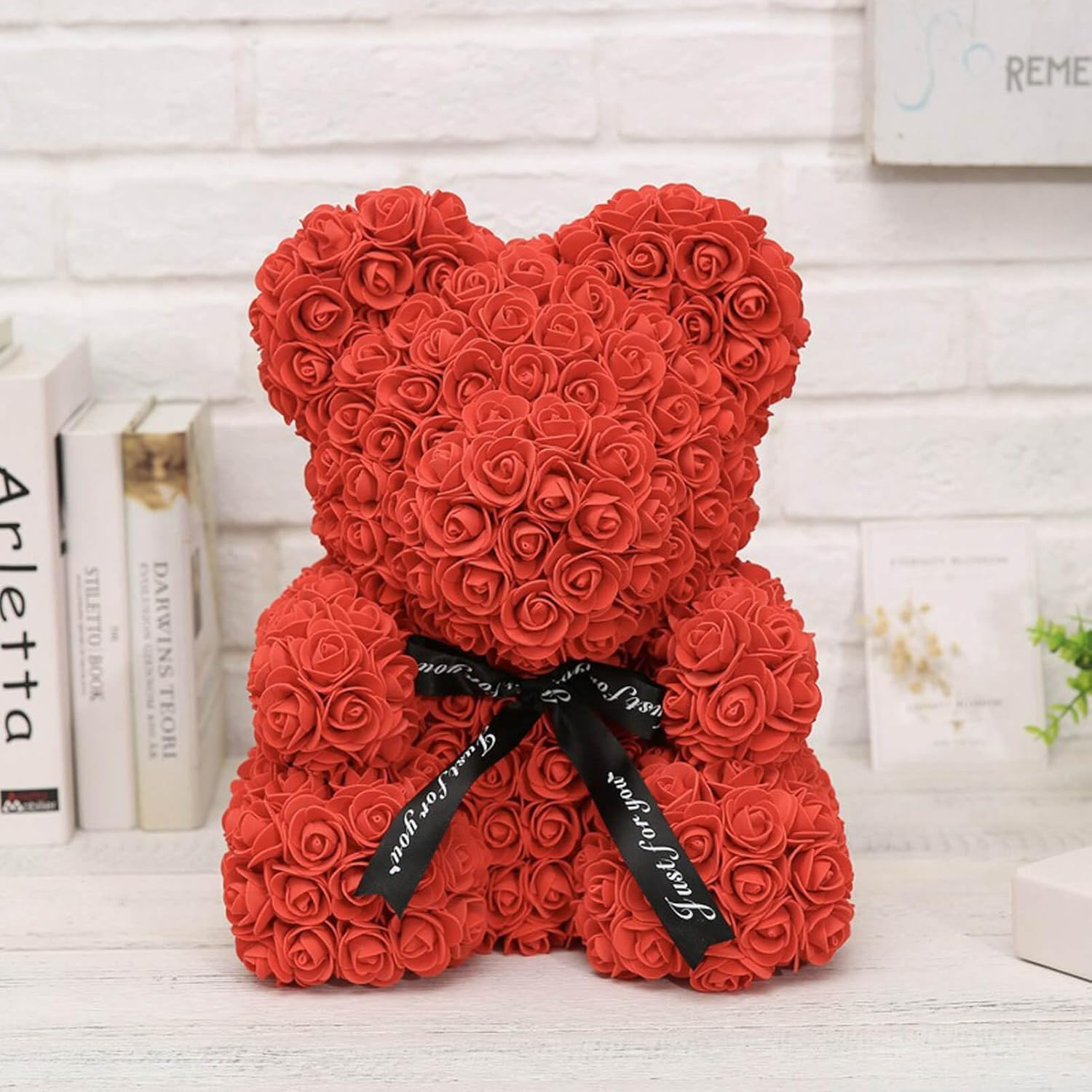 Handmade Rose Teddy Bear With Black Bow Accent-Flower Teddy Bear