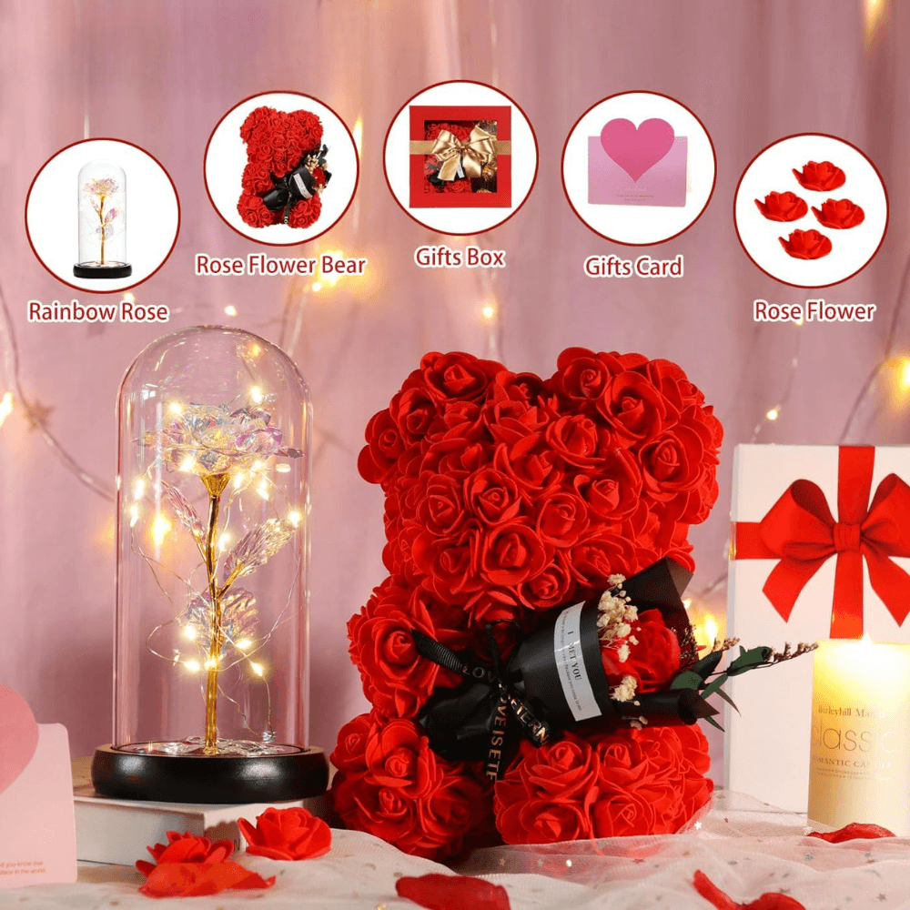 Rose And Teddy Bear - Timeless Artificial Decorative Piece-Flower Teddy Bear
